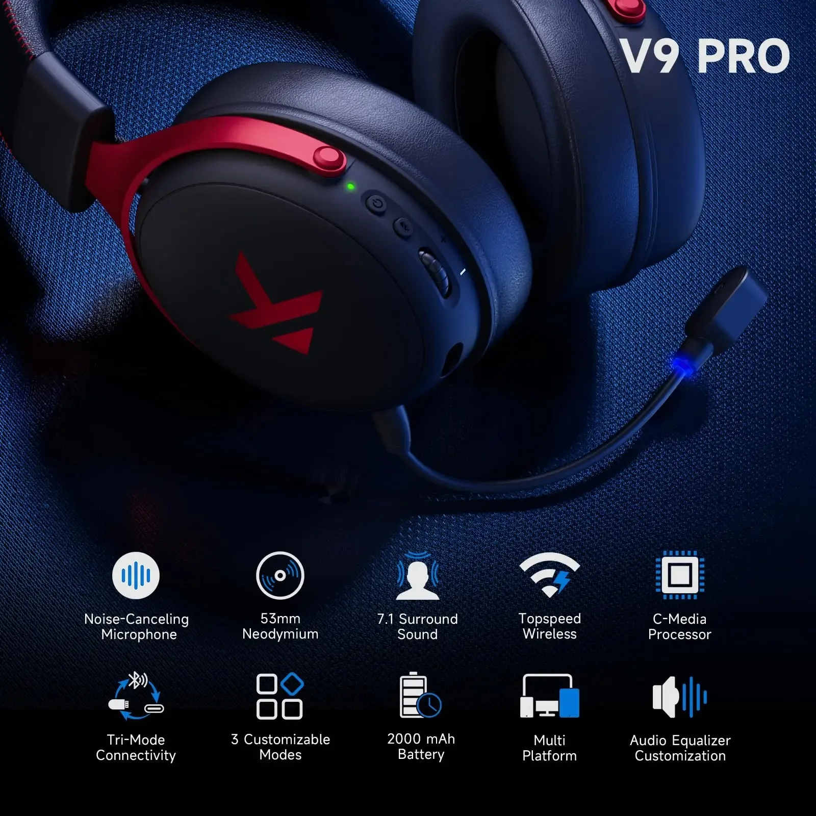 V9 Pro Wireless Gaming Headset 7.1Surround Sound Noise Canceling - Image 5